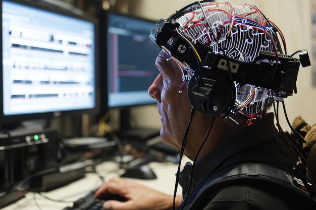Un hombre que usa un casco con cables unidos a su cabeza para un estudio científico o procedimiento médico Interfaz cerebro-computadora no invasiva en uso Generada por IA