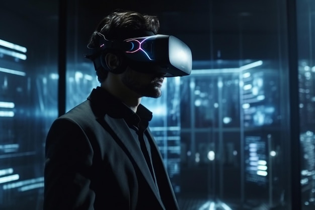 hombre que usa un casco de realidad virtual para explorar los datos del mercado de valores en un entorno digital futurista