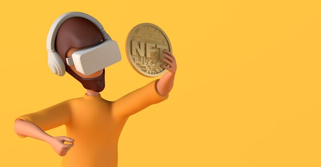 Foto hombre que usa un casco de realidad virtual que maneja tokens no fungibles nft en el metaverso cartoon