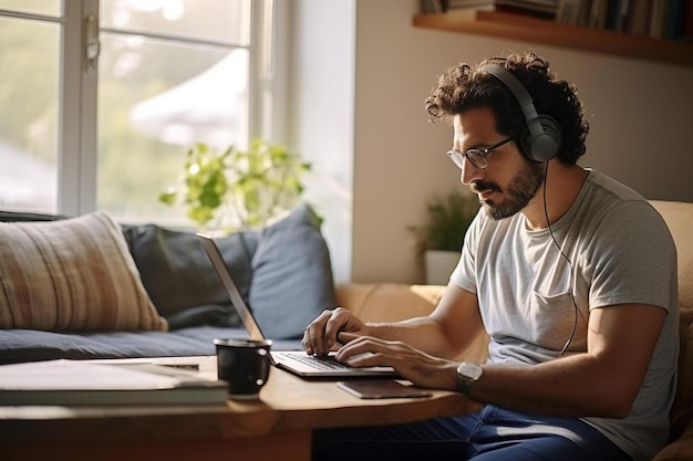 un hombre que usa una computadora portátil y usa auriculares mientras usa una computadora portátil.