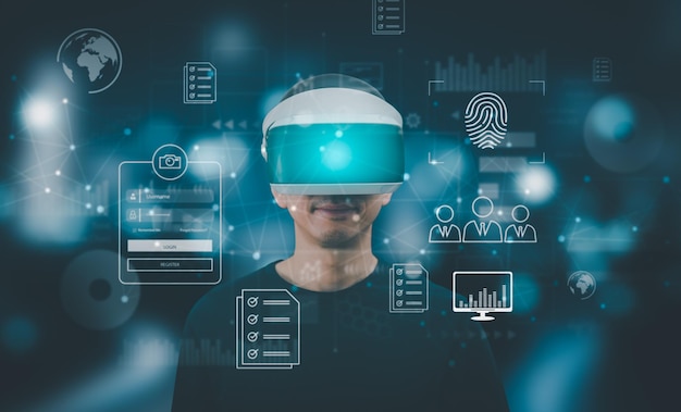 Hombre que usa gafas VR conexión virtual global a Internet redes de metaverso, compartir descargas y cargas, base de datos de documentación en línea y automatización de procesos para administrar eficientemente la tecnología de archivos.