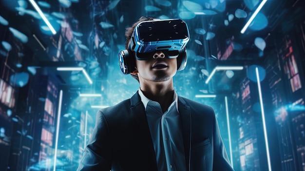 Un hombre que usa realidad virtual con un fondo de tecnología azul generado por IA