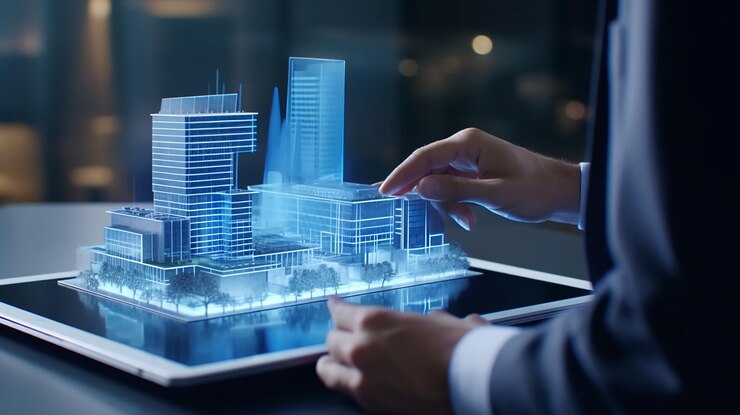 un hombre que usa una tableta digital y un instructor de construcción moderno hecho por IA generativa