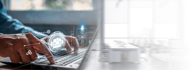 Hombre que usa tecnología robot inteligente AI inteligencia artificial al ingresar el símbolo del sistema para generar algo Tecnología Ai Inteligencia artificial Chat con AI