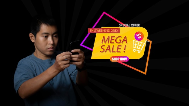 Hombre que usa un teléfono inteligente con promoción de banner de descuento MEGA SALE Negocio de comercio electrónico en línea