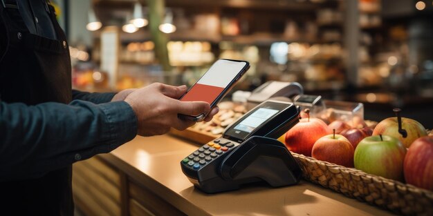 Foto hombre que utiliza el pago por teléfono móvil con concepto sin efectivo ai generativo