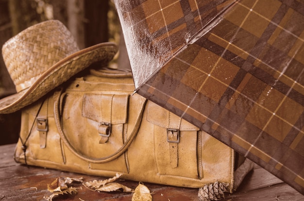 Hombre que viaja el bolso, el paraguas y el sombrero de cuero.