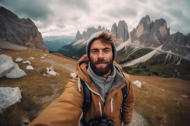 Hombre que viaja a un hermoso destino en las montañas hecho con tecnología de IA generativa