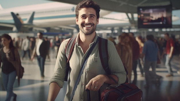 Un hombre que viene de la computadora portátil del aeropuerto estadounidense en la mano