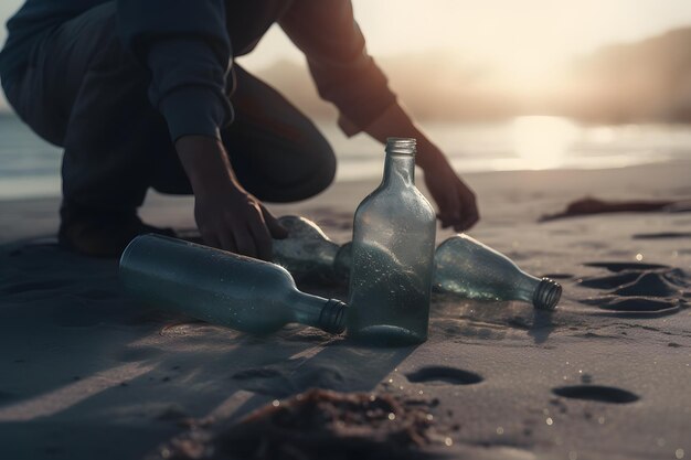 Un hombre quita botellas de plástico en la playa IA generativa