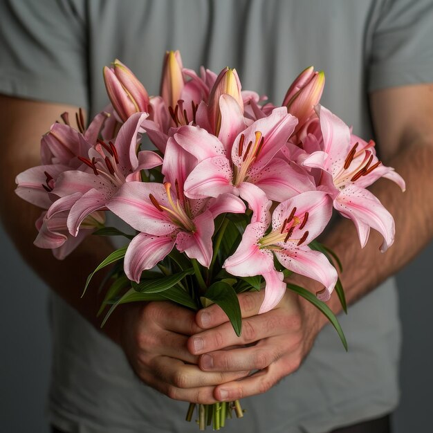 Hombre con un ramo de lirios rosados