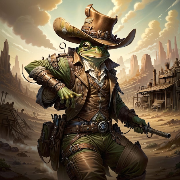 Un hombre rana con sombrero de vaquero y una pistola en una ciudad del oeste