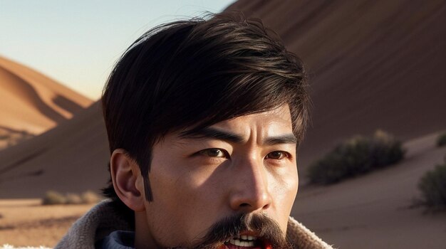 Foto hombre rapado con barba y bigote en un desierto