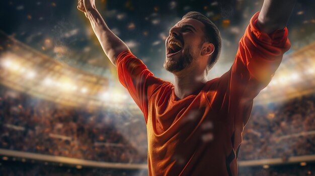 hombre rapado con una camisa naranja sosteniendo una pelota de fútbol en sus manos