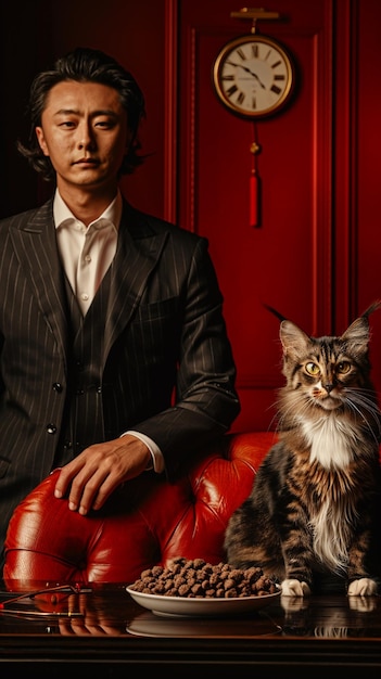 hombre rapado en un traje sentado en un sofá rojo con un gato generativo ai