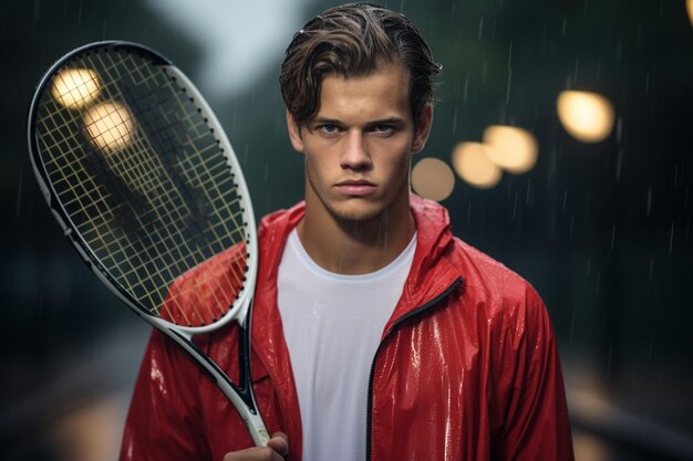 Un hombre con una raqueta de tenis en la lluvia