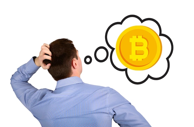 Hombre rascándose la cabeza pensando en Bitcoin. El concepto de pensar en la moneda criptográfica.