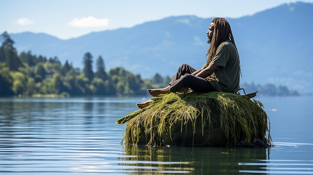 hombre rasta sentado en una roca flotante