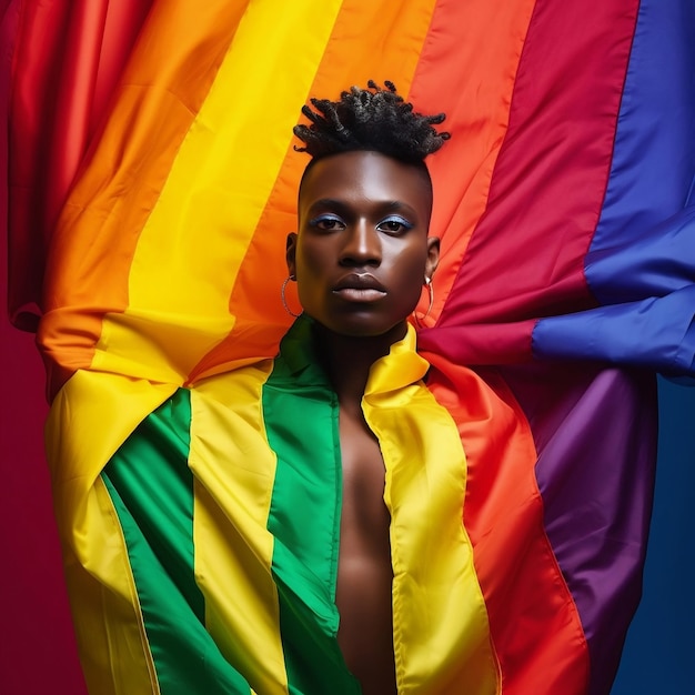 Foto un hombre con rastas está envuelto en una bandera arco iris.