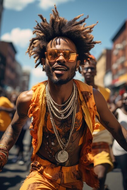 Un hombre con rastas y gafas de sol corre por la calle o baila ai