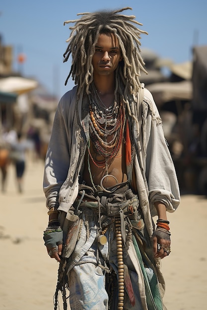 un hombre con rastas y una gran camisa blanca