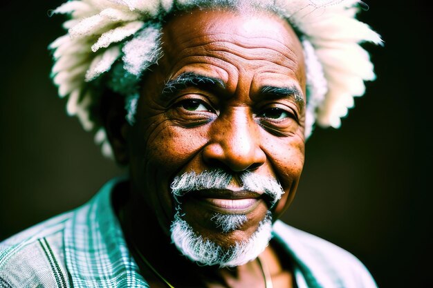 Un hombre con rastas y pelo blanco mira a la cámara.