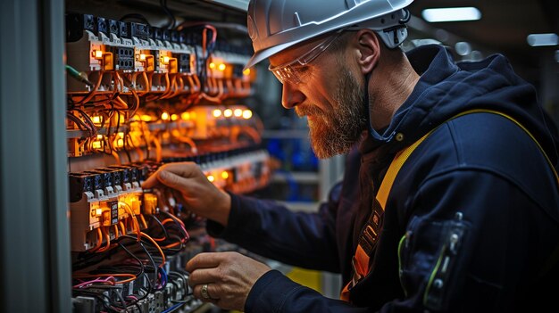 Hombre realizando trabajos eléctricos en un panel de conmutación fundido