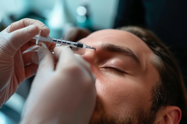 Hombre recibe una inyección de botox para el lifting facial medicina estética