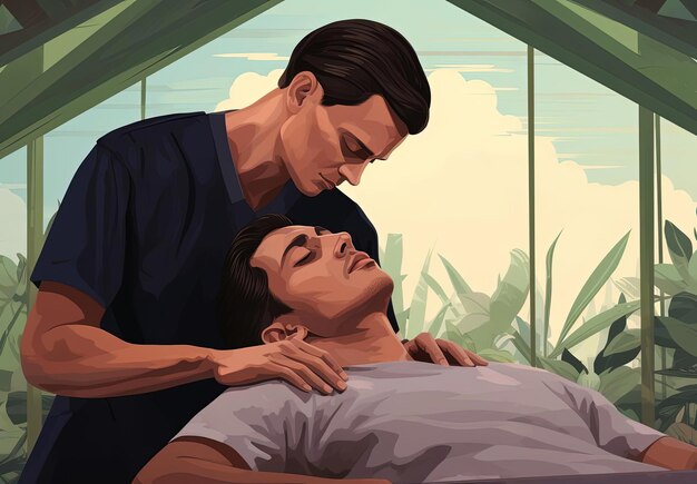 un hombre recibe un masaje de un médico al estilo de coloridas imágenes fijas de animación