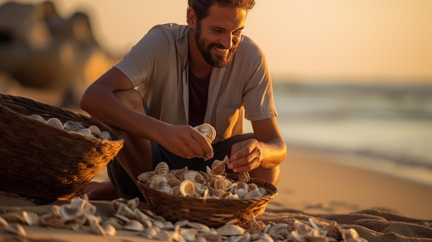 El hombre recoge conchas en la playa