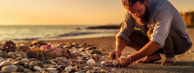 El hombre recoge conchas en la playa