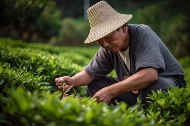 Hombre recoge hojas de té verde frescas en el campo de té de las tierras altas en Chiang Mai, Tailandia