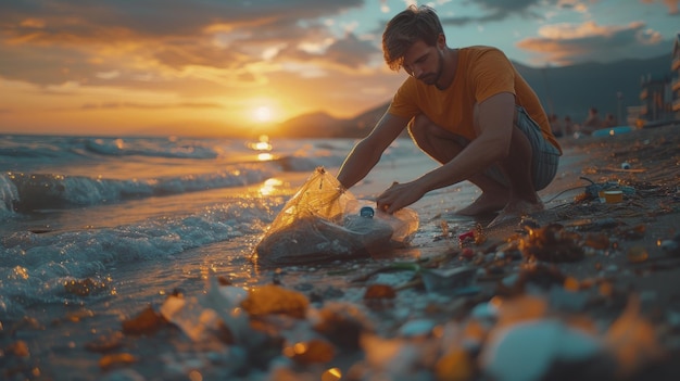 Hombre recogiendo basura en una bolsa de basura de la costa en la playa