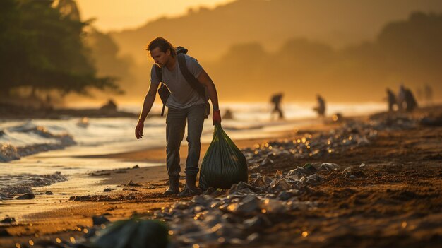 Hombre recogiendo basura en la playa como voluntario Idea ecológica GENERAR IA