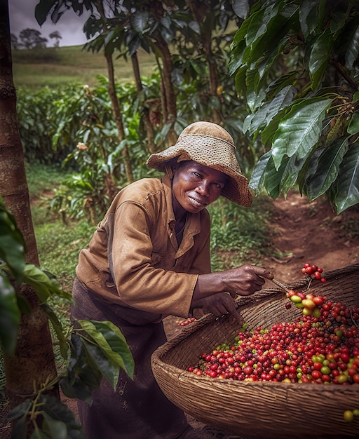 Un hombre recogiendo granos de café de un árbol generativo ai