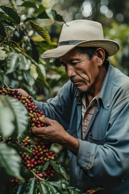 Un hombre recogiendo granos de café de un árbol Imagen generativa de IA