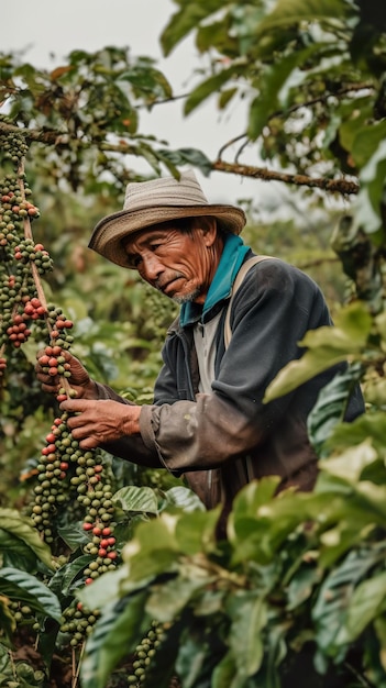 Un hombre recogiendo granos de café de un árbol Imagen generativa de IA