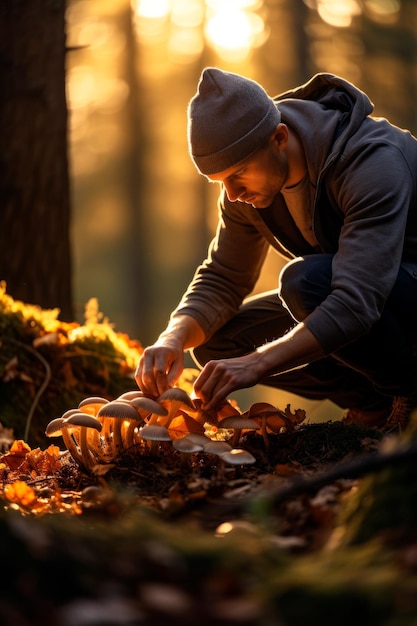 un hombre recogiendo setas que contribuyen al equilibrio ecológico del bosque