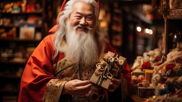 un hombre con un regalo con un arco blanco y una túnica roja sosteniendo un regalo