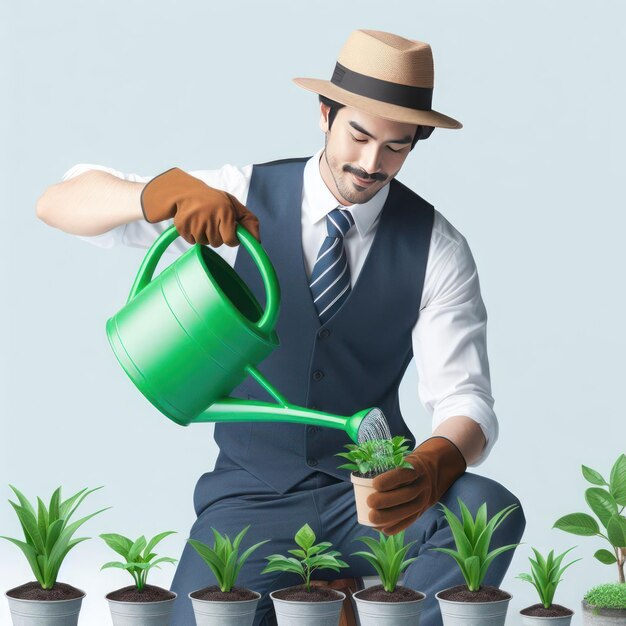 Un hombre regando una planta en olla