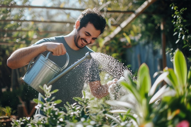 un hombre regando plantas de fondo de estilo bokeh