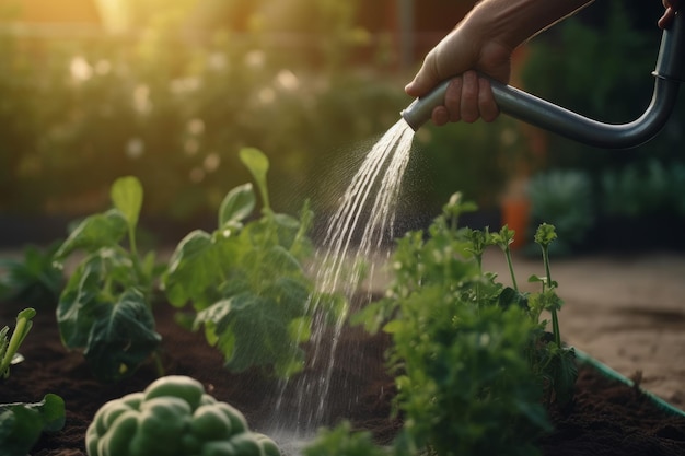 Hombre regando plantas en la mañana Generar Ai