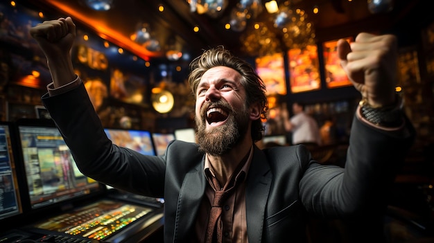 El hombre se regocija al ganar en una máquina tragamonedas en el casino Generative Ai