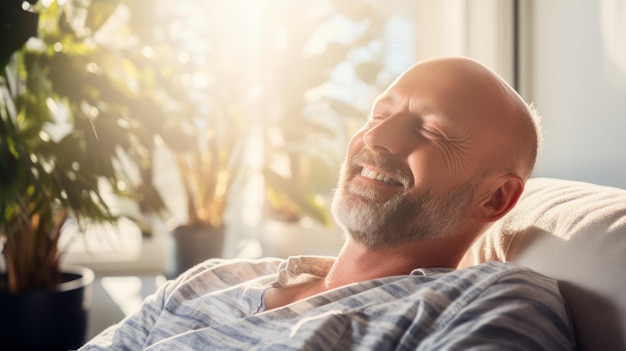 Hombre relajado y contento disfrutando de un momento de paz en una habitación iluminada por el sol