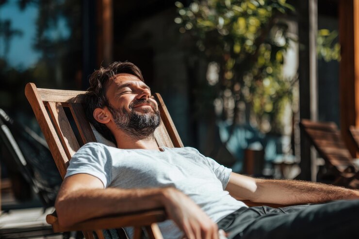 Un hombre relajado descansando en una silla disfrutando del sol con gafas de sol y una sonrisa en medio de un entorno tropical