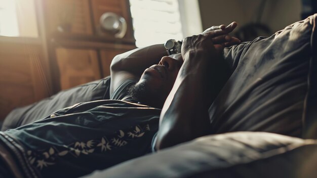 Hombre relajado descansando en un sofá con las manos sobre la cabeza en casa IA generativa