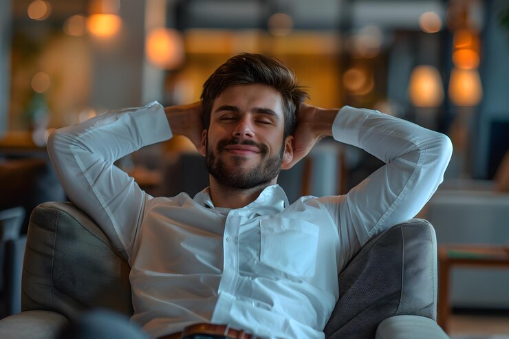 Un hombre relajado disfrutando de un momento de paz en un acogedor salón