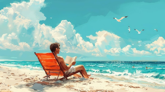 Hombre relajado leyendo en una playa soleada con gaviotas y cielo azul