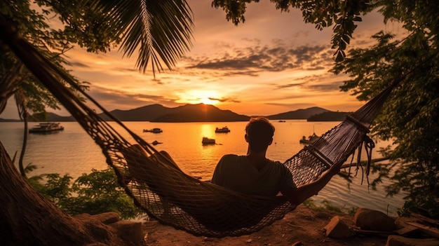 Foto hombre relajándose en una hamaca en la playa durante el atardecer