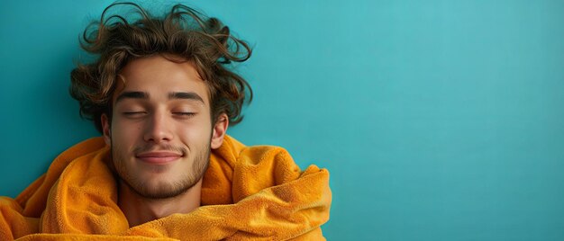 Hombre relajándose con los ojos cerrados en una toalla amarilla